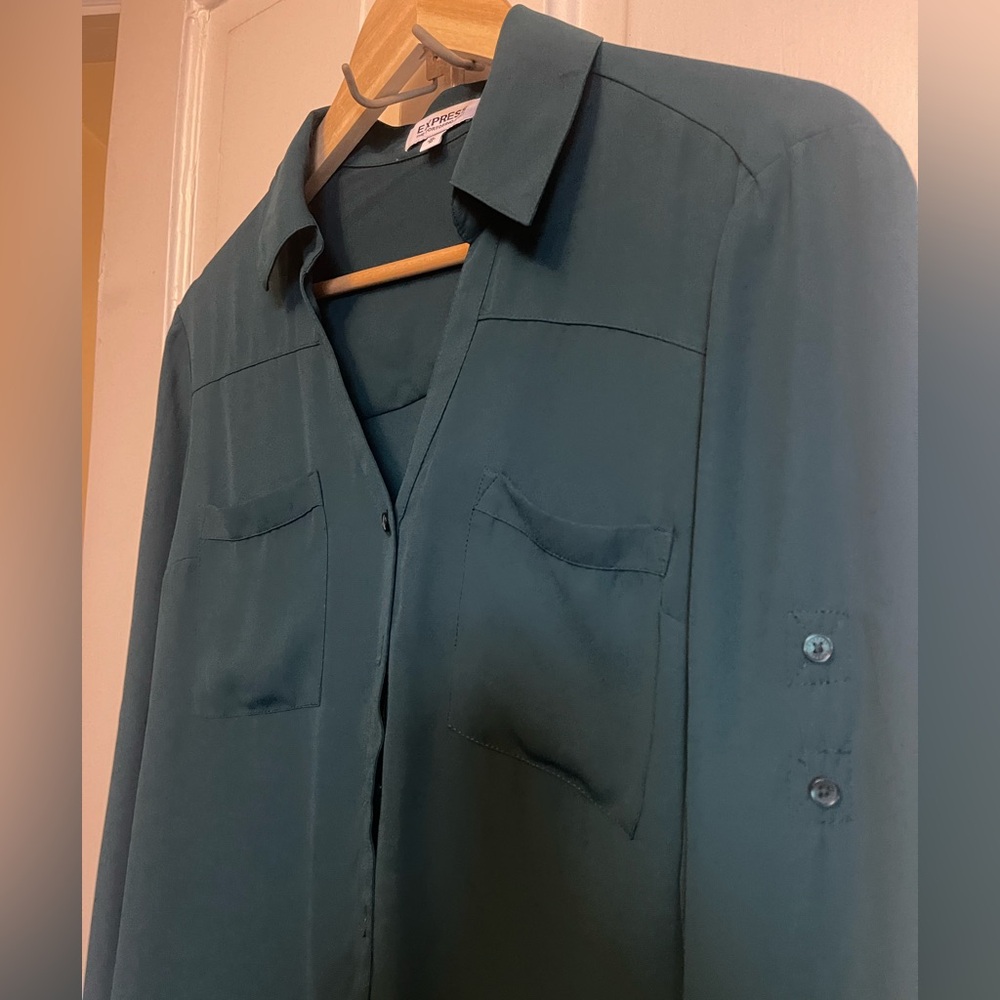 Express Long-Sleeve Button Front Button Green Blo… - image 2